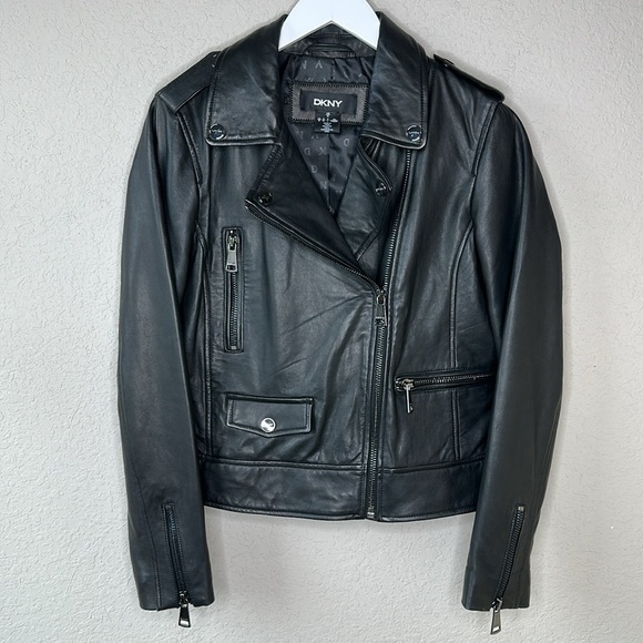 DKNY 100% Leather Black Fully Lined Motorcycle Jacket with Pockets Size M - Picture 1 of 12